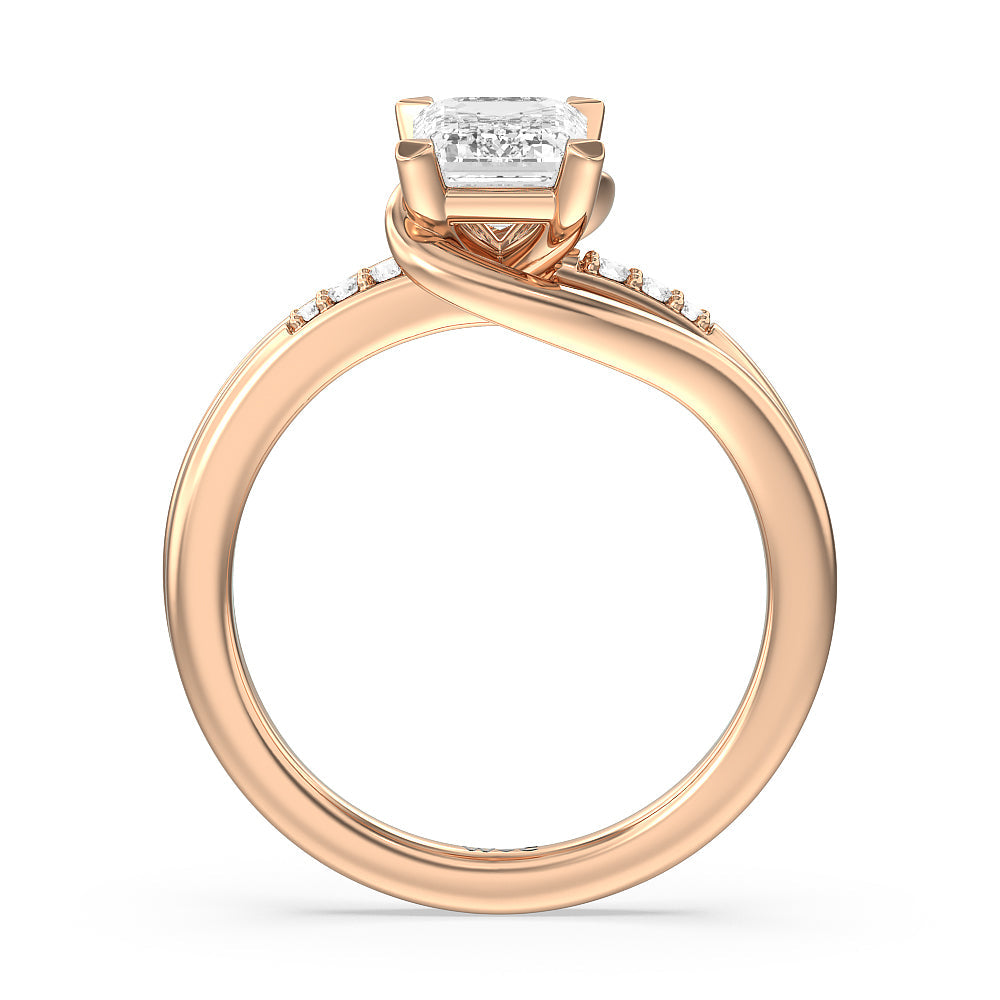 Emerald Cut Crossover Arm Studded Shank Engagement Ring with Lab Grown Diamond in 14KT Rose Gold view 2
