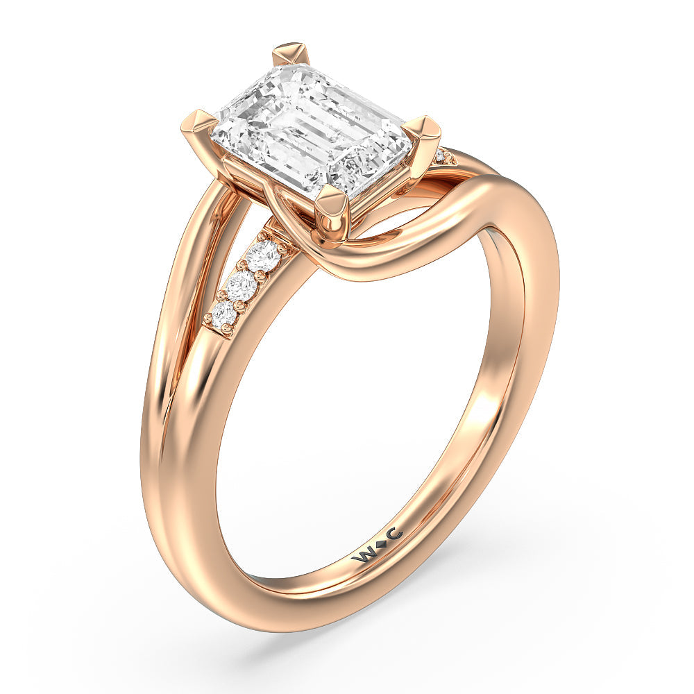 Emerald Cut Crossover Arm Studded Shank Engagement Ring with Lab Grown Diamond in 14KT Rose Gold view 3
