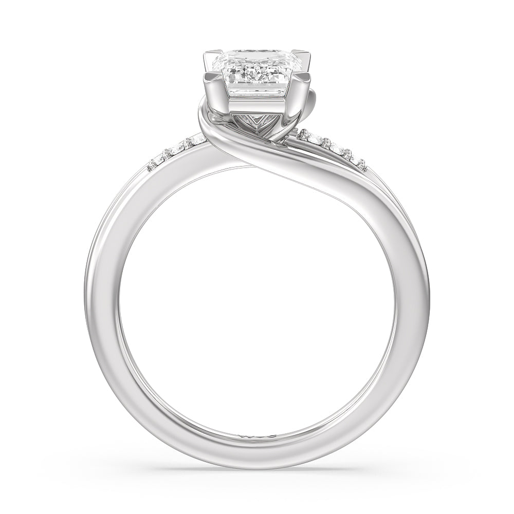 Emerald Cut Crossover Arm Studded Shank Engagement Ring with Lab Grown Diamond in 14KT Platinum view 2
