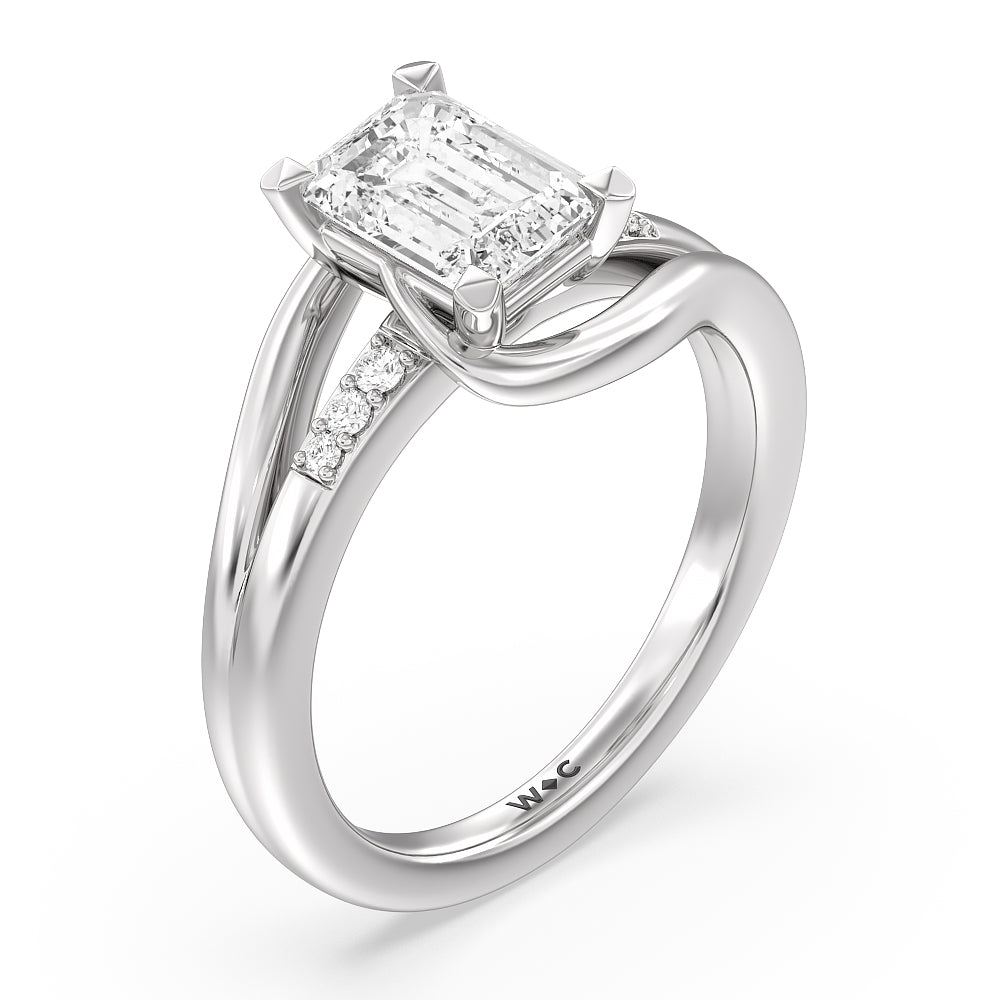Emerald Cut Crossover Arm Studded Shank Engagement Ring with Lab Grown Diamond in 14KT Platinum view 3
