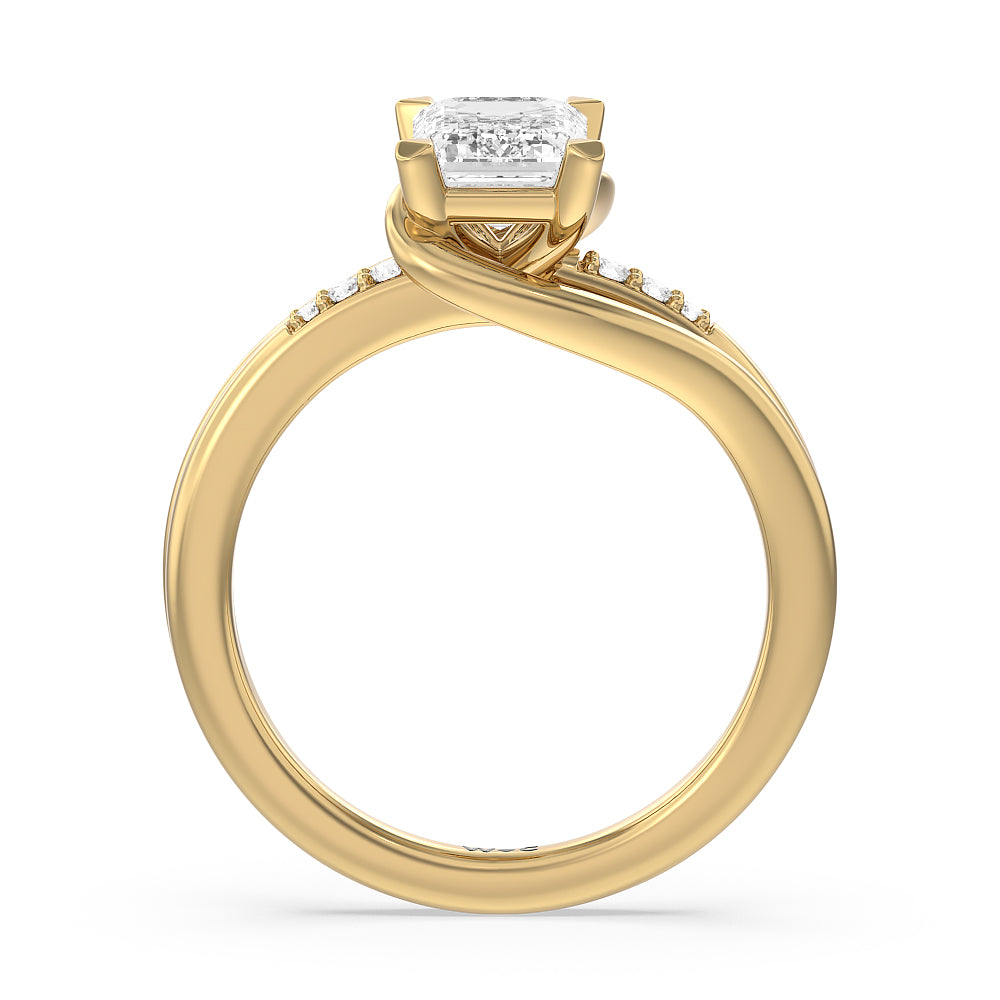 Emerald Cut Crossover Arm Studded Shank Engagement Ring with Lab Grown Diamond in 14KT Yellow Gold view 2
