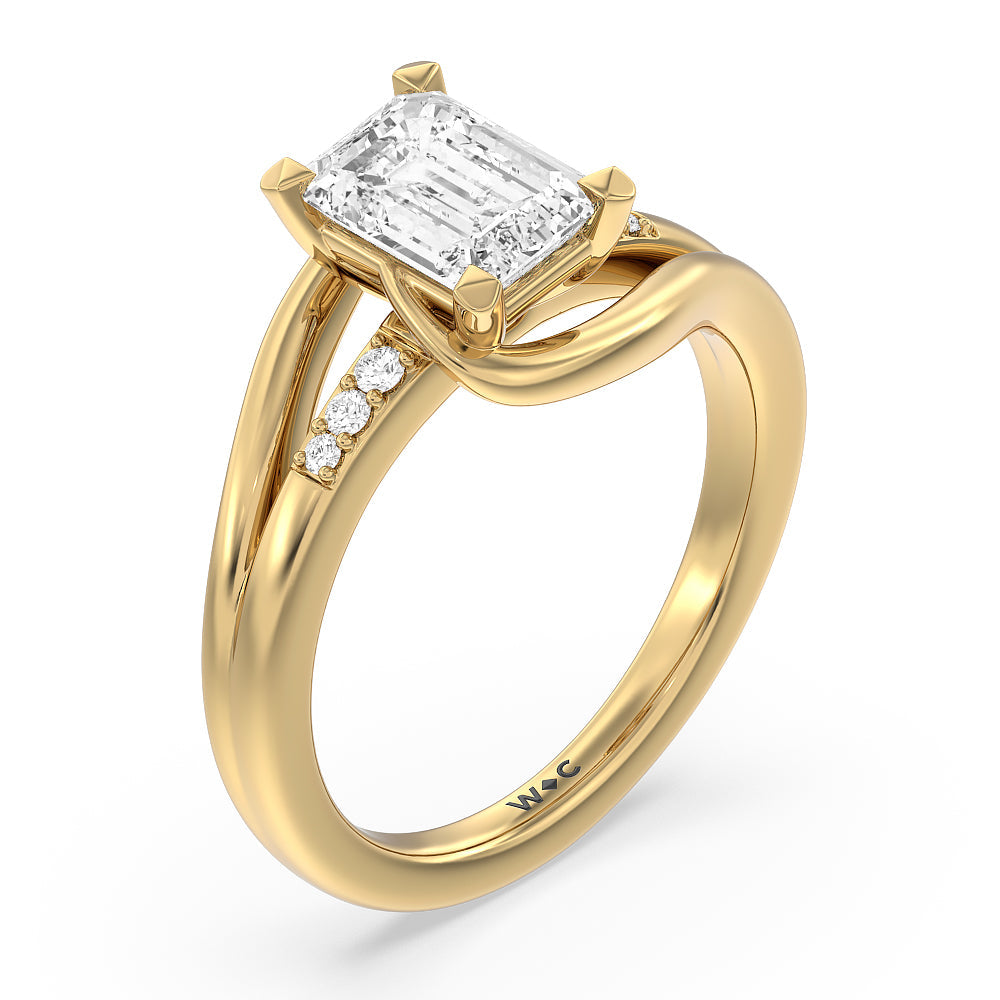 Emerald Cut Crossover Arm Studded Shank Engagement Ring with Lab Grown Diamond in 14KT Yellow Gold view 3
