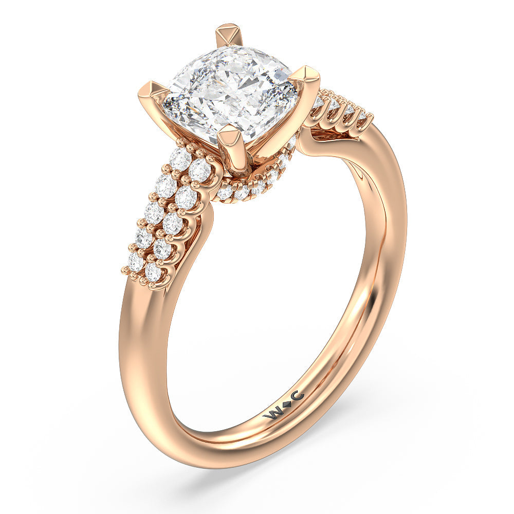Cushion Cut Two Row Diamonds Bridge Accent Engagement Ring with Lab Grown Diamond in 14KT Rose Gold view 3

