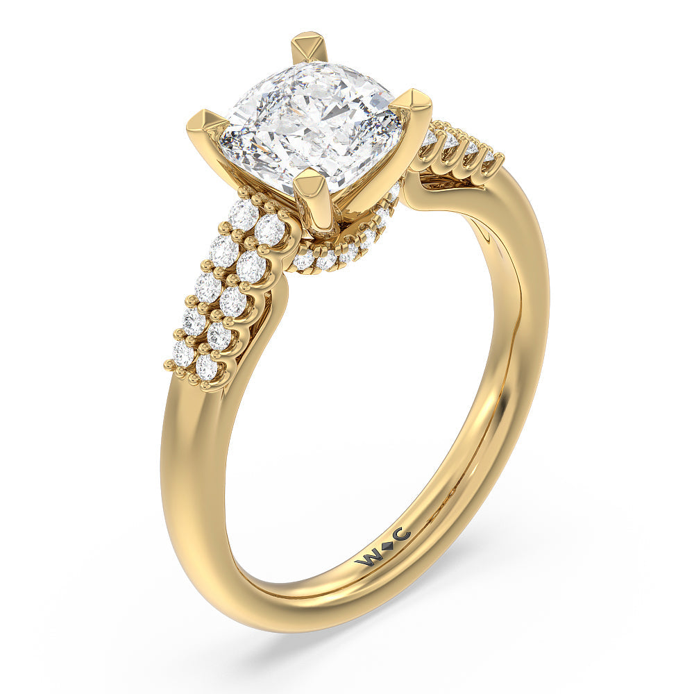 Cushion Cut Two Row Diamonds Bridge Accent Engagement Ring with Lab Grown Diamond in 14KT Yellow Gold view 3
