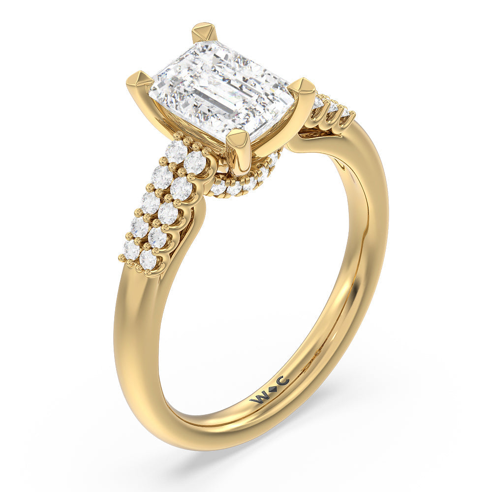 Emerald Cut Two Row Diamonds Bridge Accent Engagement Ring with Lab Grown Diamond in 14KT Yellow Gold view 3
