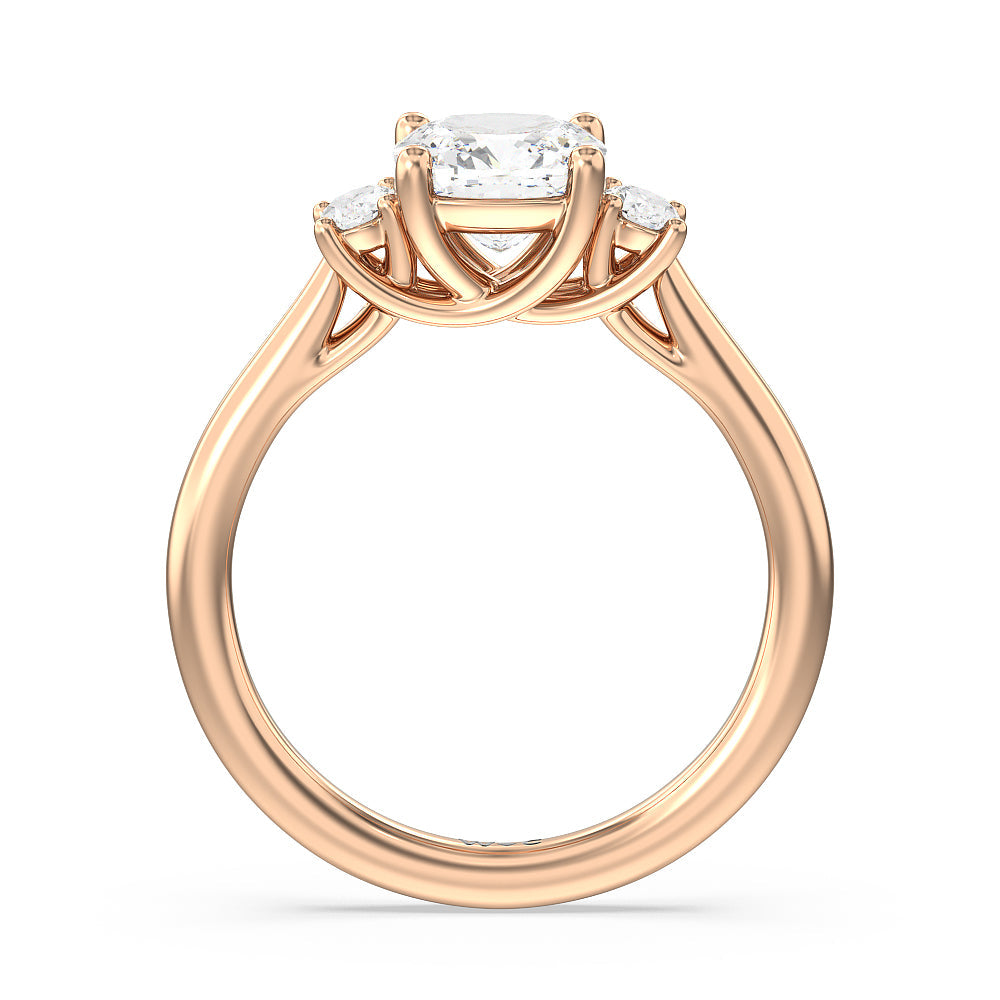 Classic Oval Side Stone In Trellis Basket Engagement Ring with Cushion Cut Diamond in 14KT Rose Gold view 2
