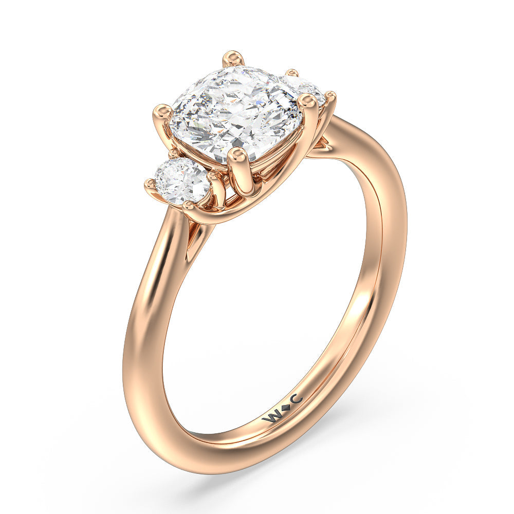 Classic Oval Side Stone In Trellis Basket Engagement Ring with Cushion Cut Diamond in 14KT Rose Gold view 3
