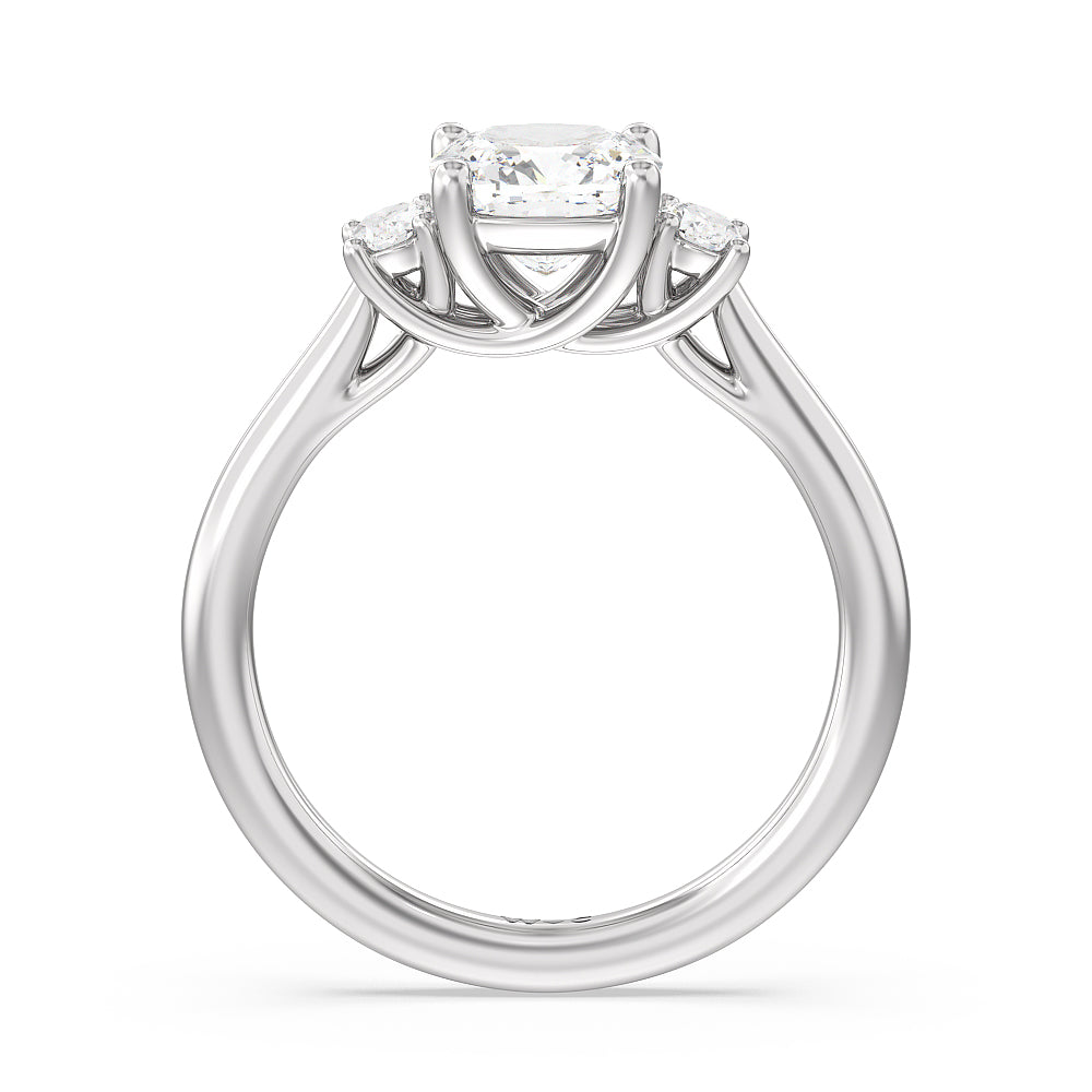 Classic Oval Side Stone In Trellis Basket Engagement Ring with Cushion Cut Diamond in 14KT Platinum view 2
