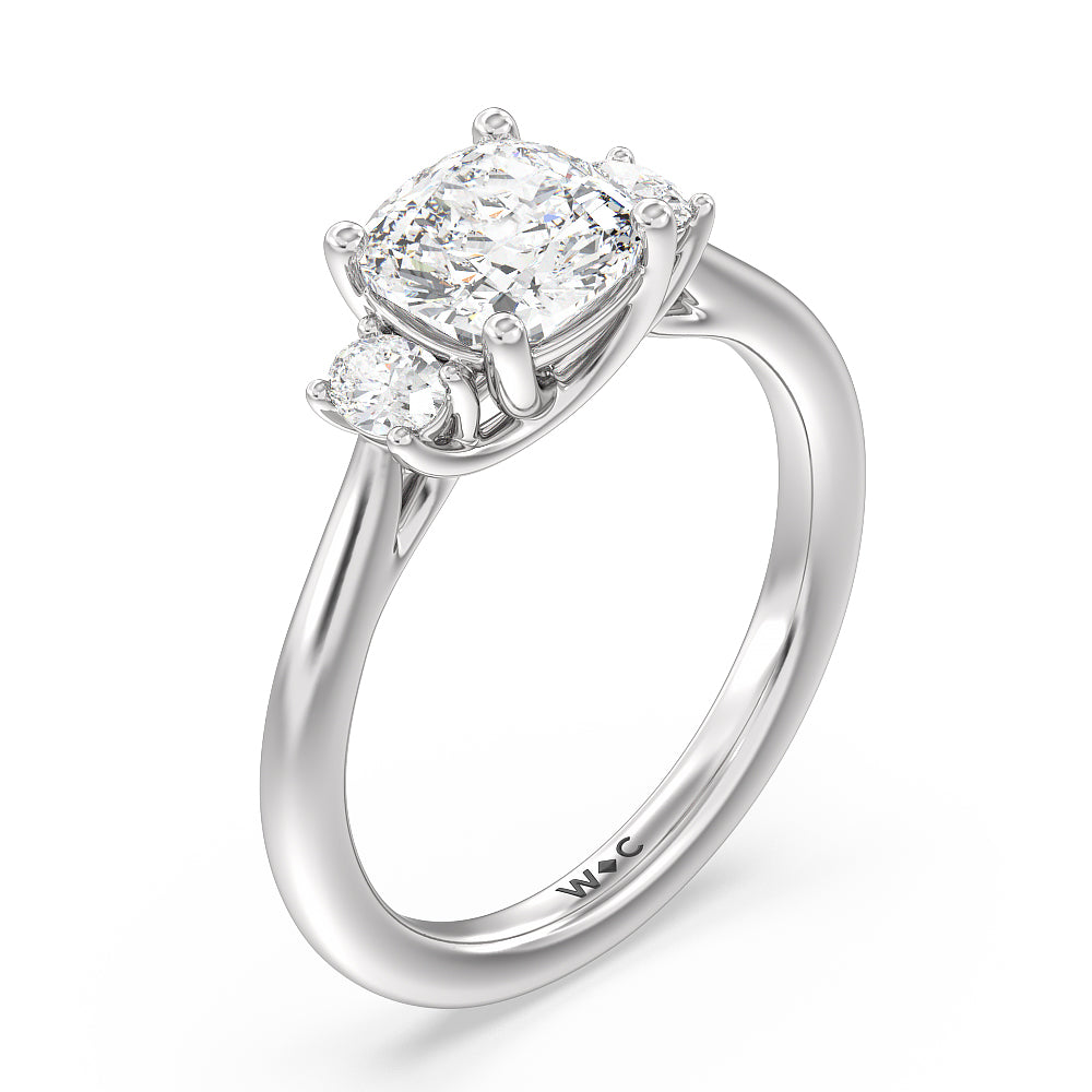 Classic Oval Side Stone In Trellis Basket Engagement Ring with Cushion Cut Diamond in 14KT Platinum view 3
