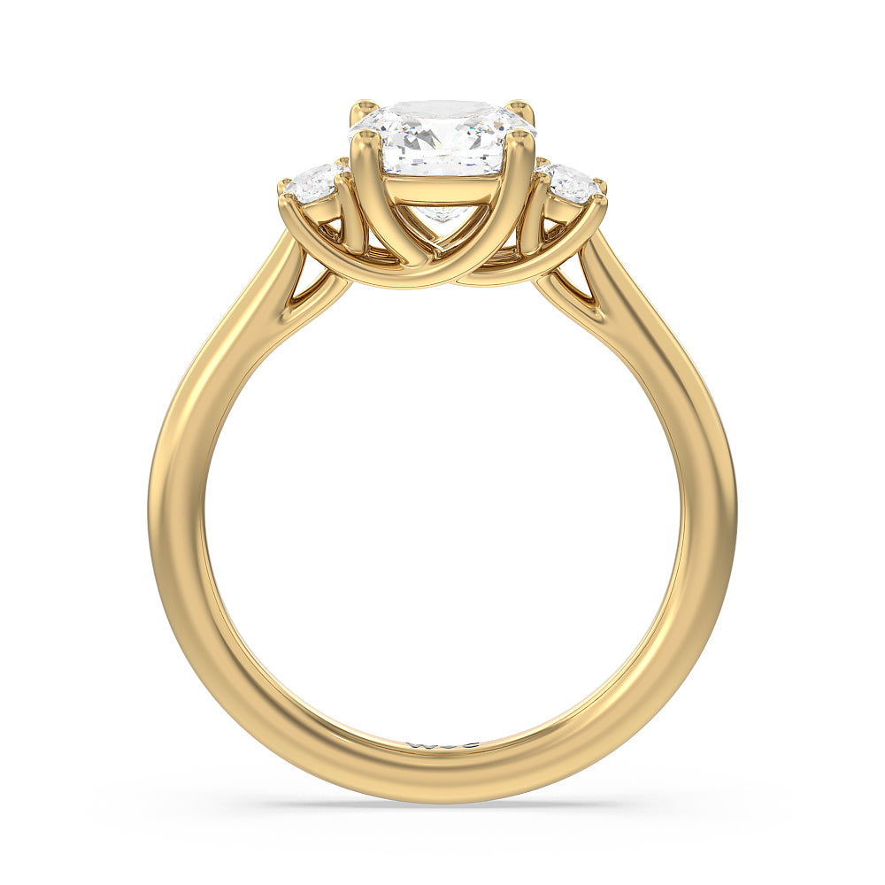 Classic Oval Side Stone In Trellis Basket Engagement Ring with Cushion Cut Diamond in 14KT Yellow Gold view 2
