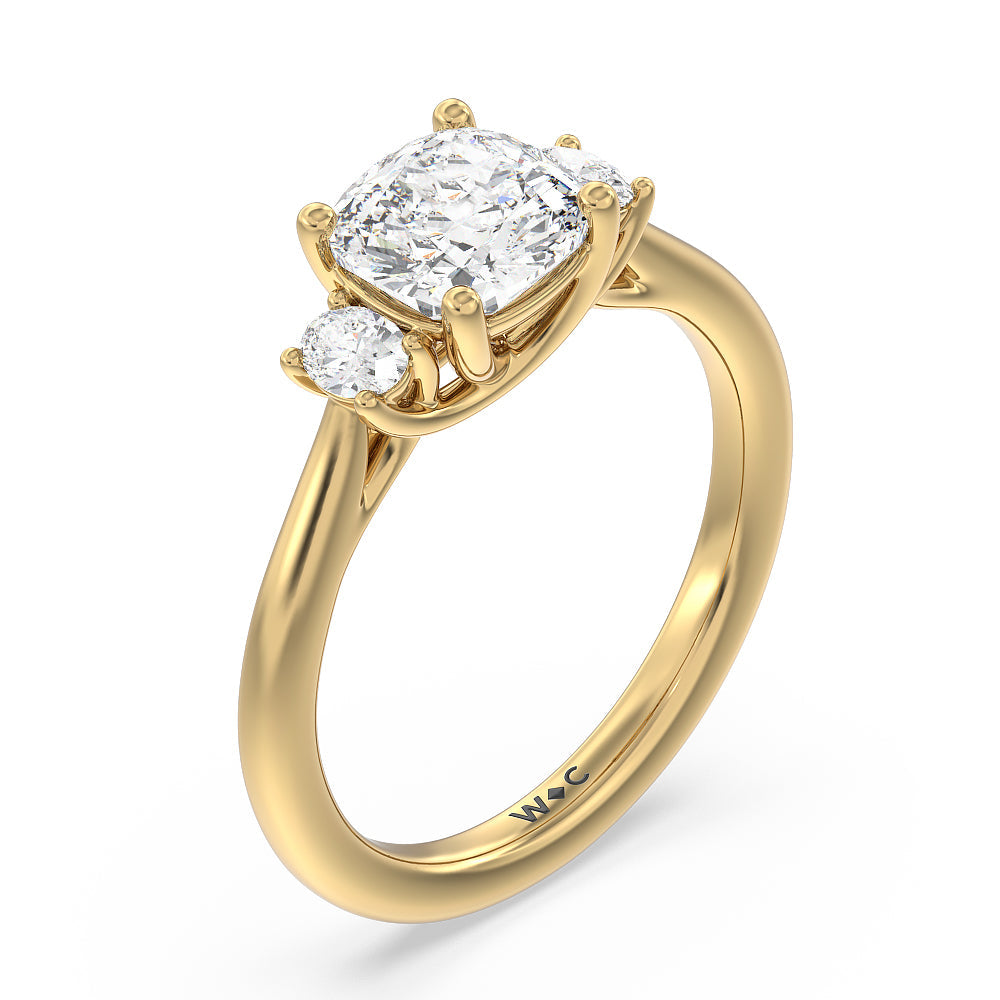 Classic Oval Side Stone In Trellis Basket Engagement Ring with Cushion Cut Diamond in 14KT Yellow Gold view 3
