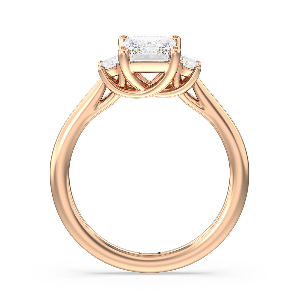 Classic Oval Side Stone In Trellis Basket Engagement Ring with Emerald Cut Diamond in 14KT Rose Gold view 2
