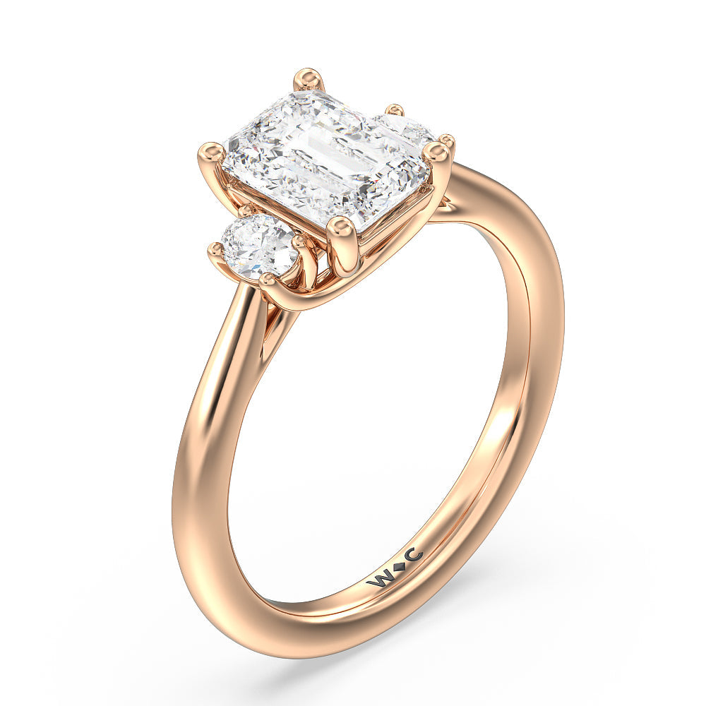 Classic Oval Side Stone In Trellis Basket Engagement Ring with Emerald Cut Diamond in 14KT Rose Gold view 3
