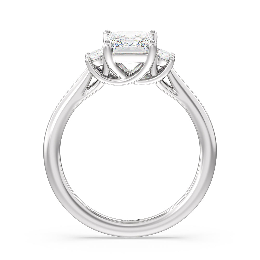 Classic Oval Side Stone In Trellis Basket Engagement Ring with Emerald Cut Diamond in 14KT Platinum view 2
