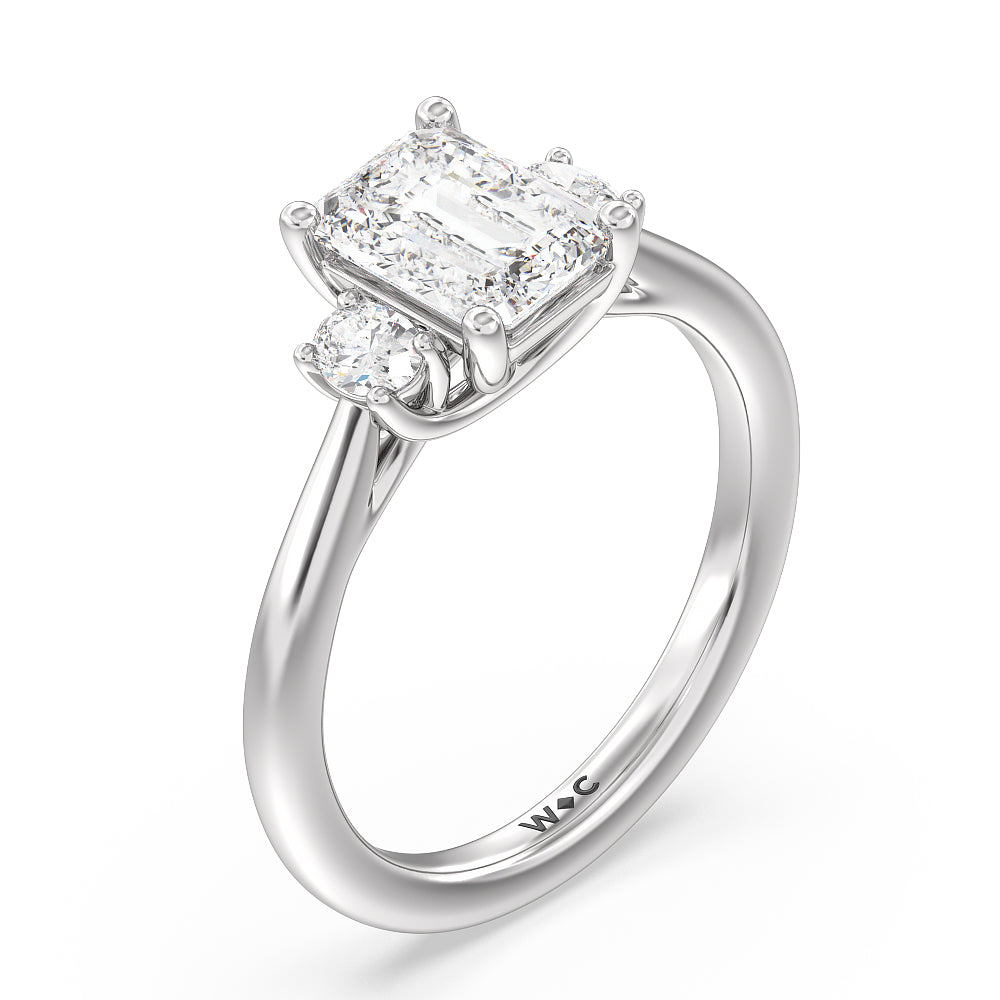 Classic Oval Side Stone In Trellis Basket Engagement Ring with Emerald Cut Diamond in 14KT Platinum view 3
