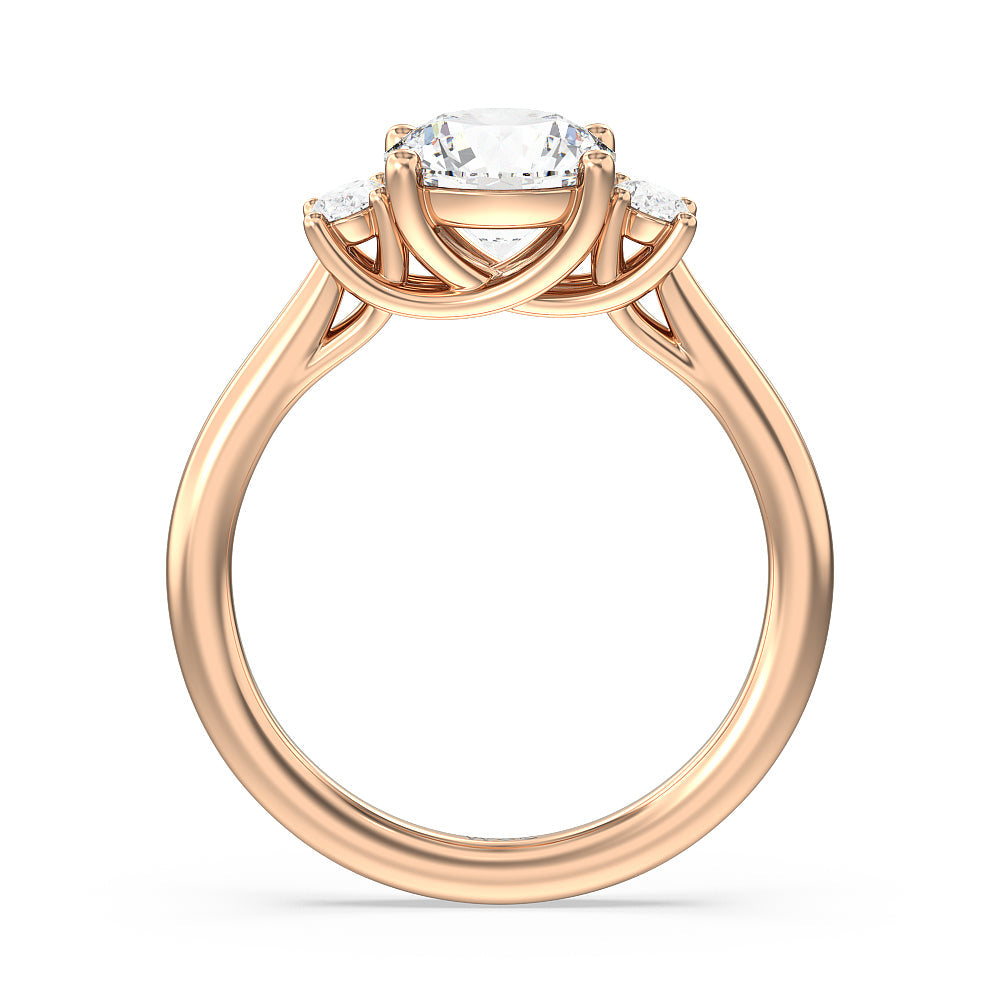 Classic Oval Side Stone In Trellis Basket Engagement Ring with Round Cut Diamond in 14KT Rose Gold view 2
