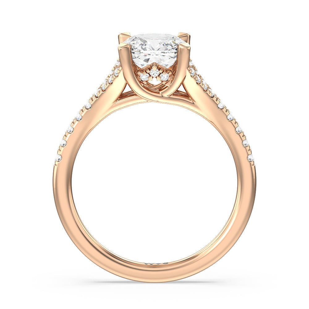 Cushion Cut Studded Cathedral Split Shank Engagement Ring with Lab Grown Diamond in 14KT Rose Gold view 2
