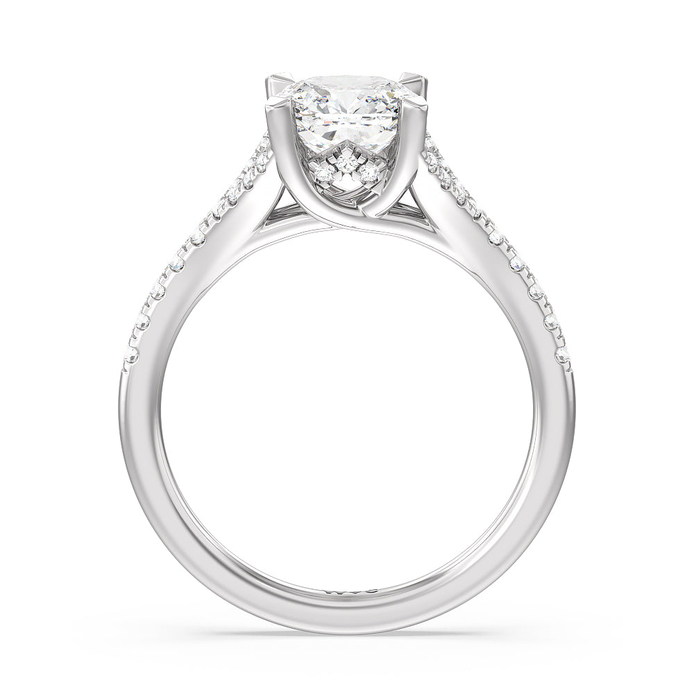 Cushion Cut Studded Cathedral Split Shank Engagement Ring with Lab Grown Diamond in 14KT Platinum view 2
