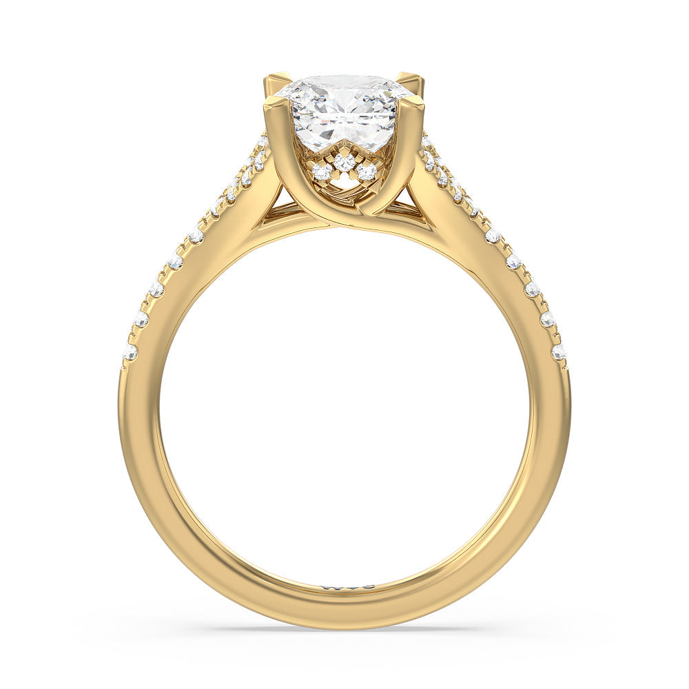 Cushion Cut Studded Cathedral Split Shank Engagement Ring with Lab Grown Diamond in 14KT Yellow Gold view 2
