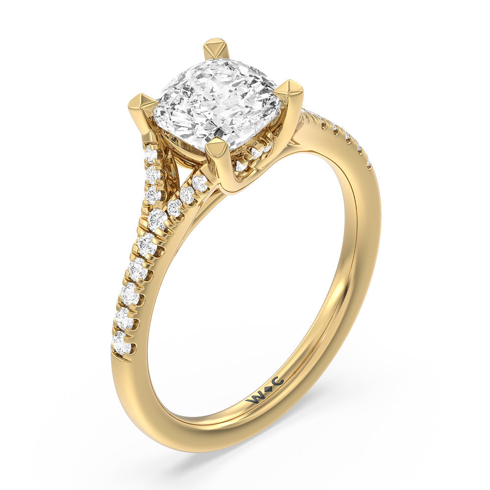 Cushion Cut Studded Cathedral Split Shank Engagement Ring with Lab Grown Diamond in 14KT Yellow Gold view 3
