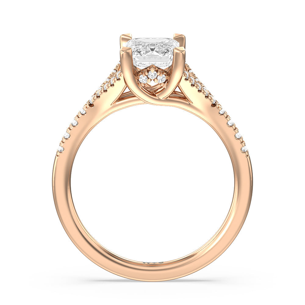 Emerald Cut Studded Cathedral Split Shank Engagement Ring with Lab Grown Diamond in 14KT Rose Gold view 2
