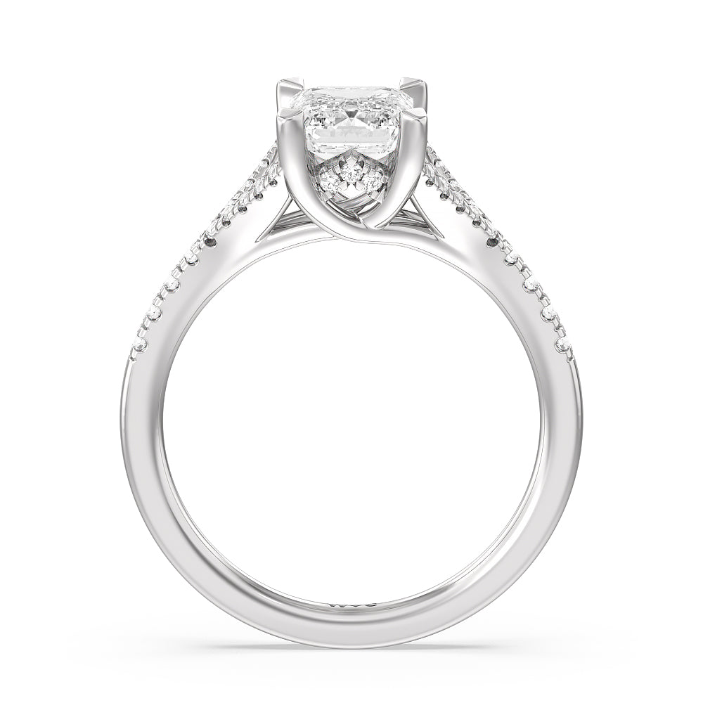 Emerald Cut Studded Cathedral Split Shank Engagement Ring with Lab Grown Diamond in 14KT Platinum view 2
