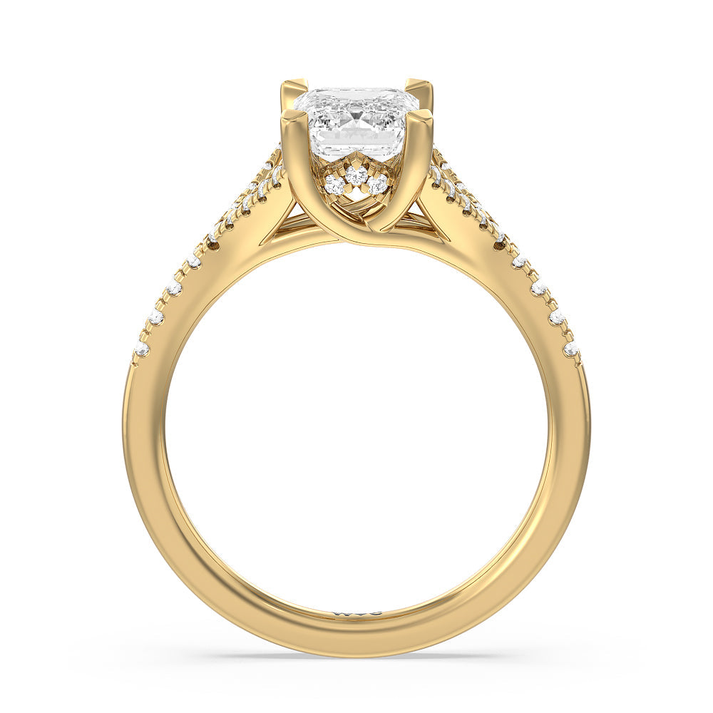 Emerald Cut Studded Cathedral Split Shank Engagement Ring with Lab Grown Diamond in 14KT Yellow Gold view 2

