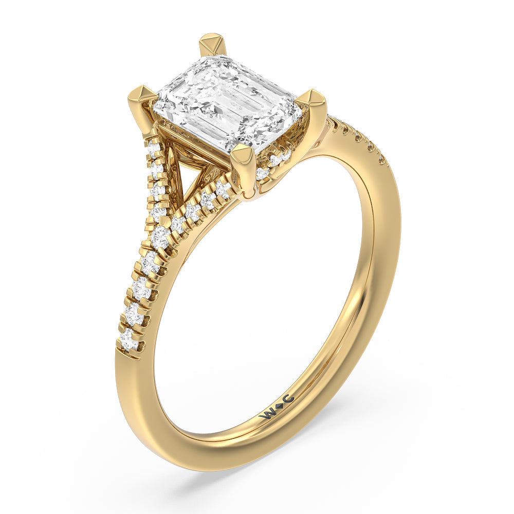 Emerald Cut Studded Cathedral Split Shank Engagement Ring with Lab Grown Diamond in 14KT Yellow Gold view 3
