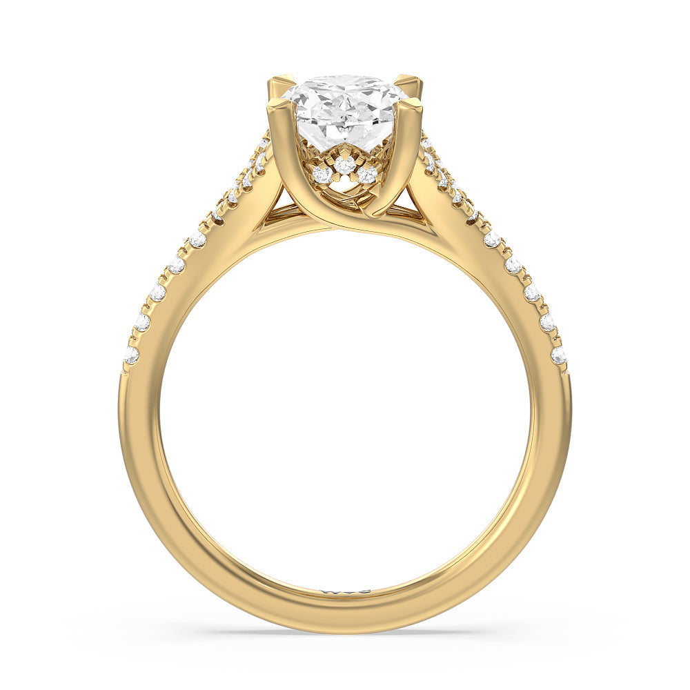 Oval Cut Studded Cathedral Split Shank Engagement Ring with Lab Grown Diamond in 14KT Yellow Gold view 2
