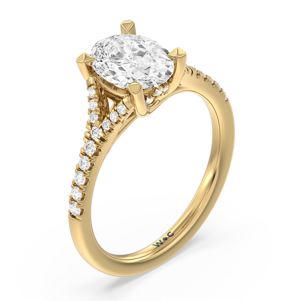 Oval Cut Studded Cathedral Split Shank Engagement Ring with Lab Grown Diamond in 14KT Yellow Gold view 3
