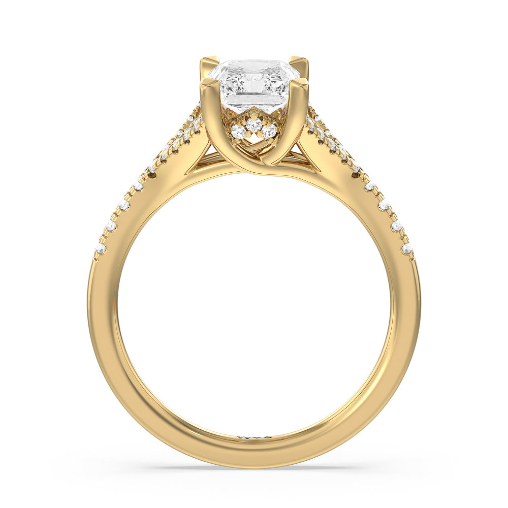 Radiant Cut Studded Cathedral Split Shank Engagement Ring with Lab Grown Diamond in 14KT Yellow Gold view 2

