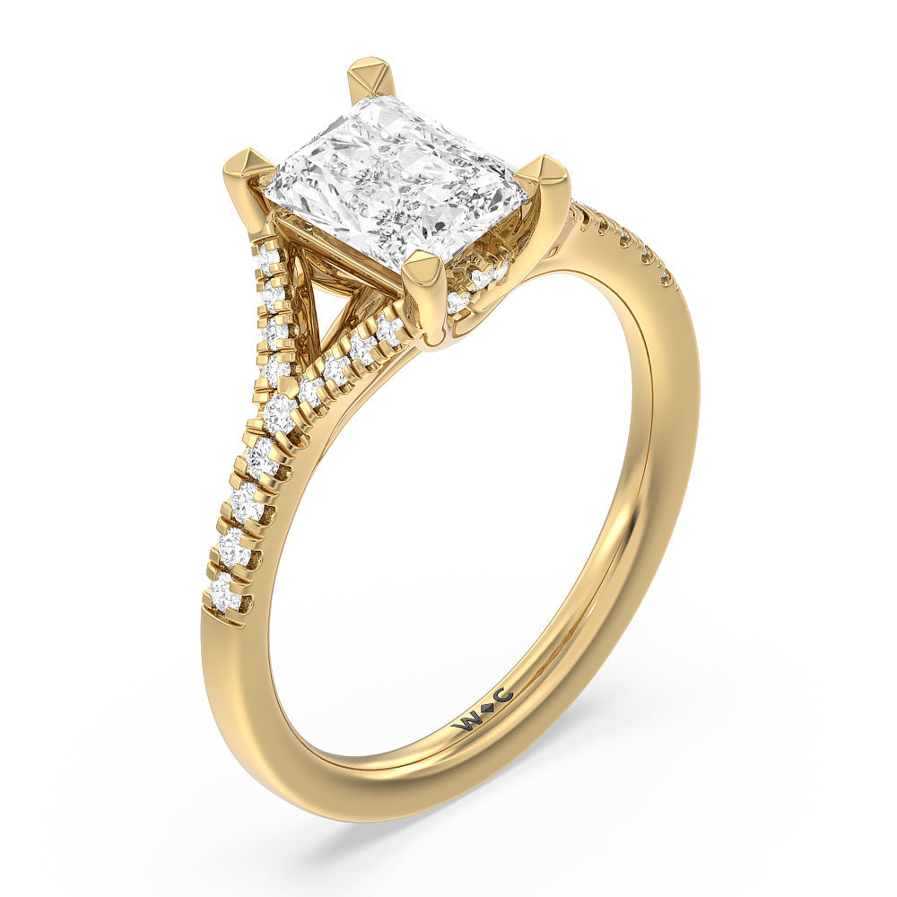 Radiant Cut Studded Cathedral Split Shank Engagement Ring with Lab Grown Diamond in 14KT Yellow Gold view 3
