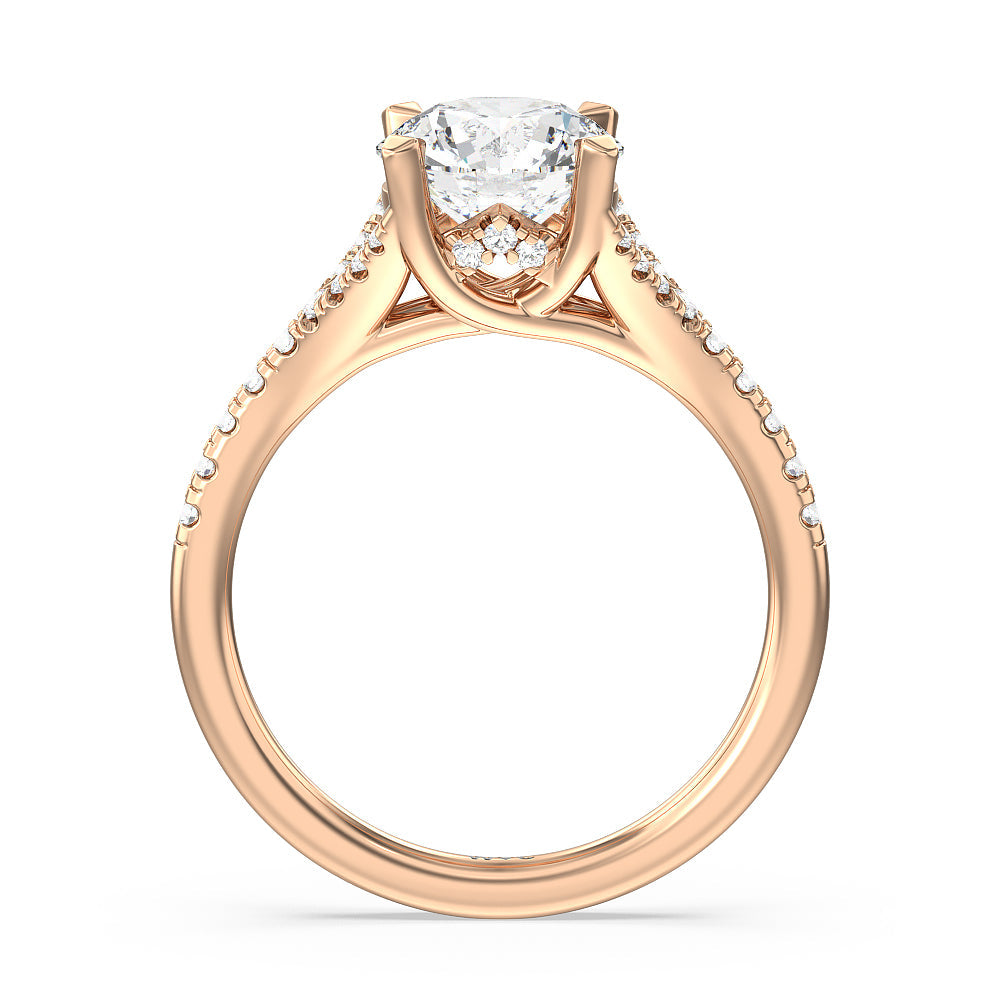Round Cut Studded Cathedral Split Shank Engagement Ring with Lab Grown Diamond in 14KT Rose Gold view 2
