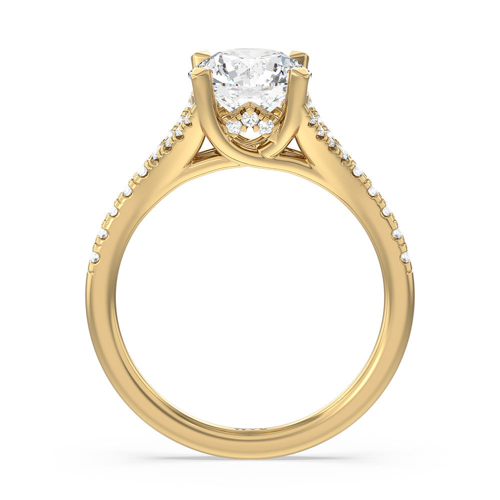 Round Cut Studded Cathedral Split Shank Engagement Ring with Lab Grown Diamond in 14KT Yellow Gold view 2
