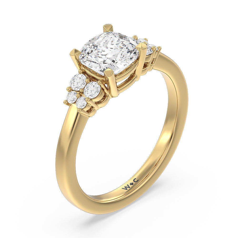 Cushion Cut Tapering Side Diamond Accent Engagement Ring with Lab Grown Diamond in 14KT Yellow Gold view 3

