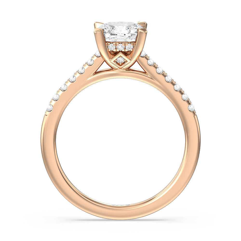 Cathedral Diamond Pave Hidden Halo Engagement Ring with Cushion Cut Diamond in 14KT Rose Gold view 2
