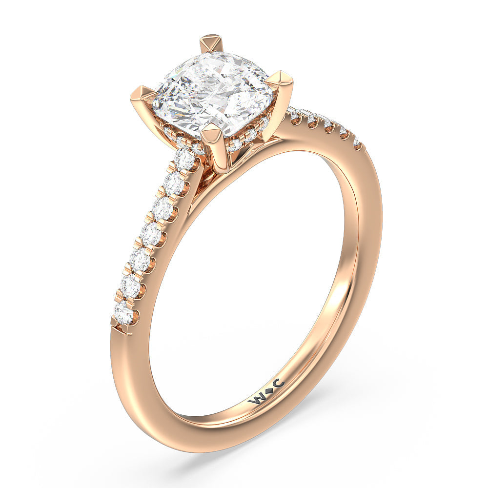 Cathedral Diamond Pave Hidden Halo Engagement Ring with Cushion Cut Diamond in 14KT Rose Gold view 3
