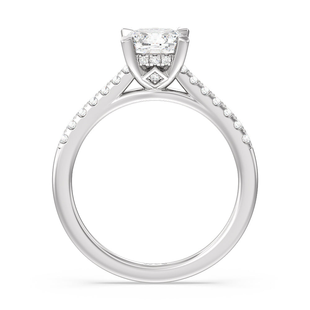 Cathedral Diamond Pave Hidden Halo Engagement Ring with Cushion Cut Diamond in 14KT Platinum view 2
