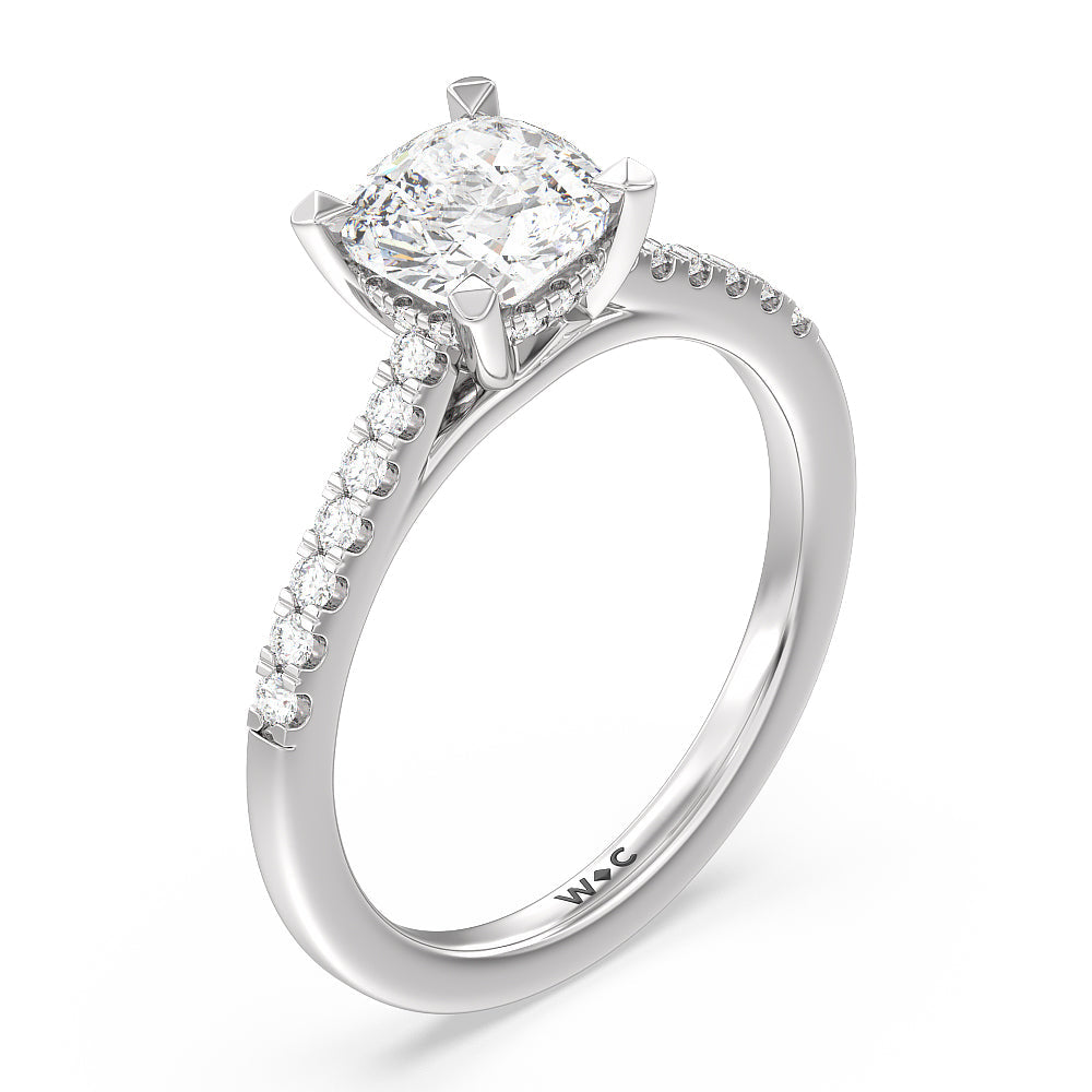 Cathedral Diamond Pave Hidden Halo Engagement Ring with Cushion Cut Diamond in 14KT Platinum view 3
