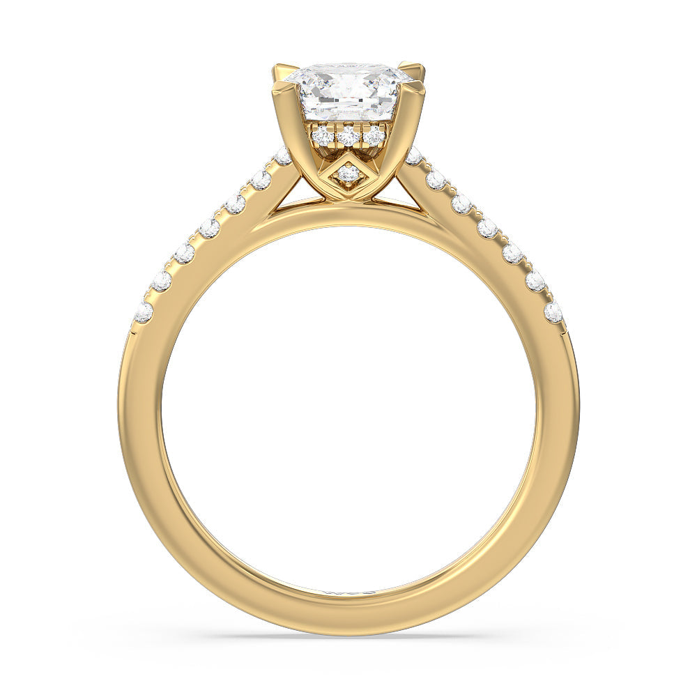 Cathedral Diamond Pave Hidden Halo Engagement Ring with Cushion Cut Diamond in 14KT Yellow Gold view 2
