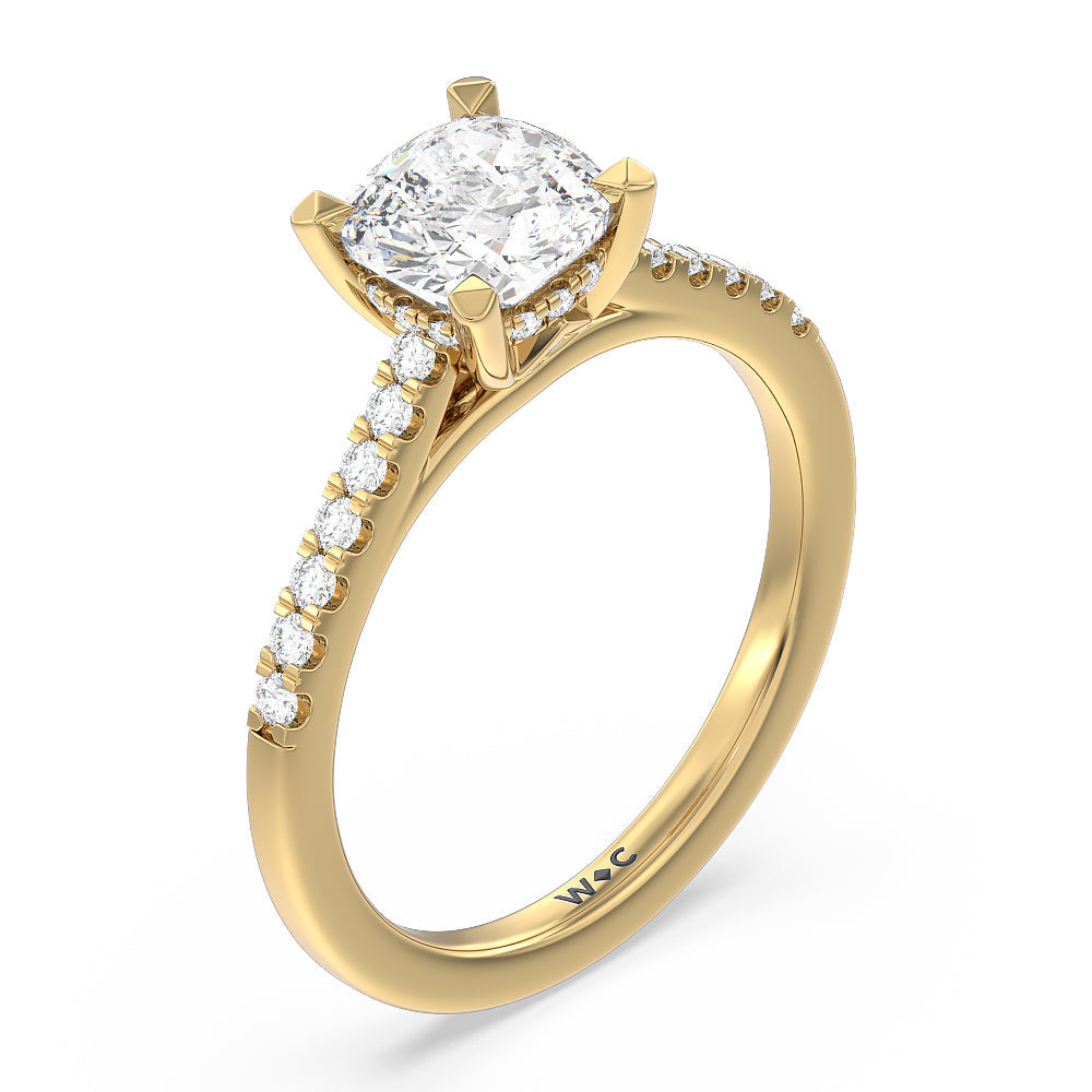 Cathedral Diamond Pave Hidden Halo Engagement Ring with Cushion Cut Diamond in 14KT Yellow Gold view 3
