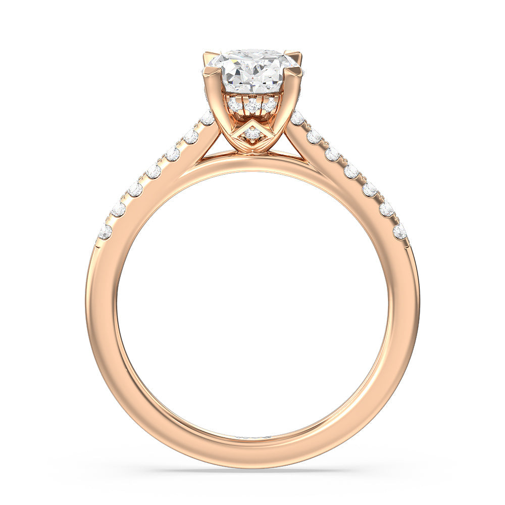 Cathedral Diamond Pave Hidden Halo Engagement Ring with Oval Cut Diamond in 14KT Rose Gold view 2
