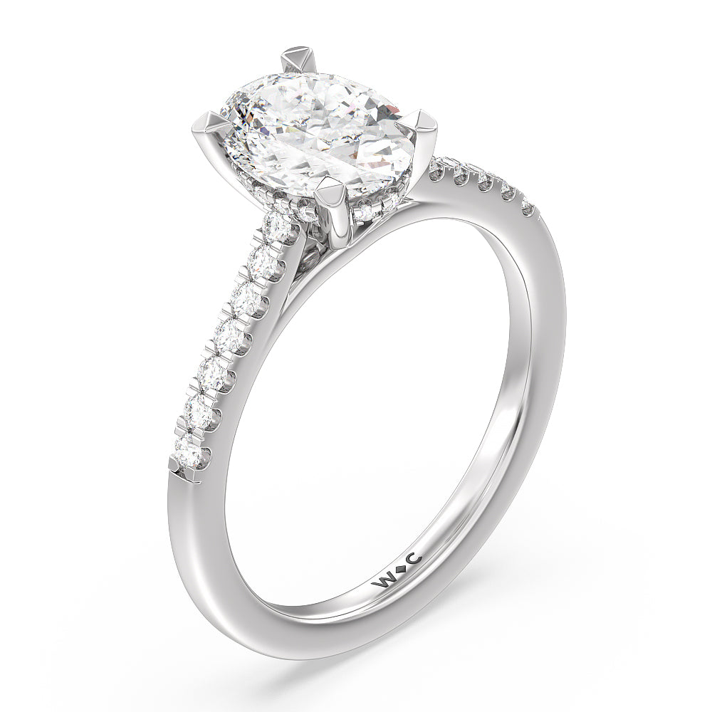 Cathedral Diamond Pave Hidden Halo Engagement Ring with Oval Cut Diamond in 14KT Platinum view 3
