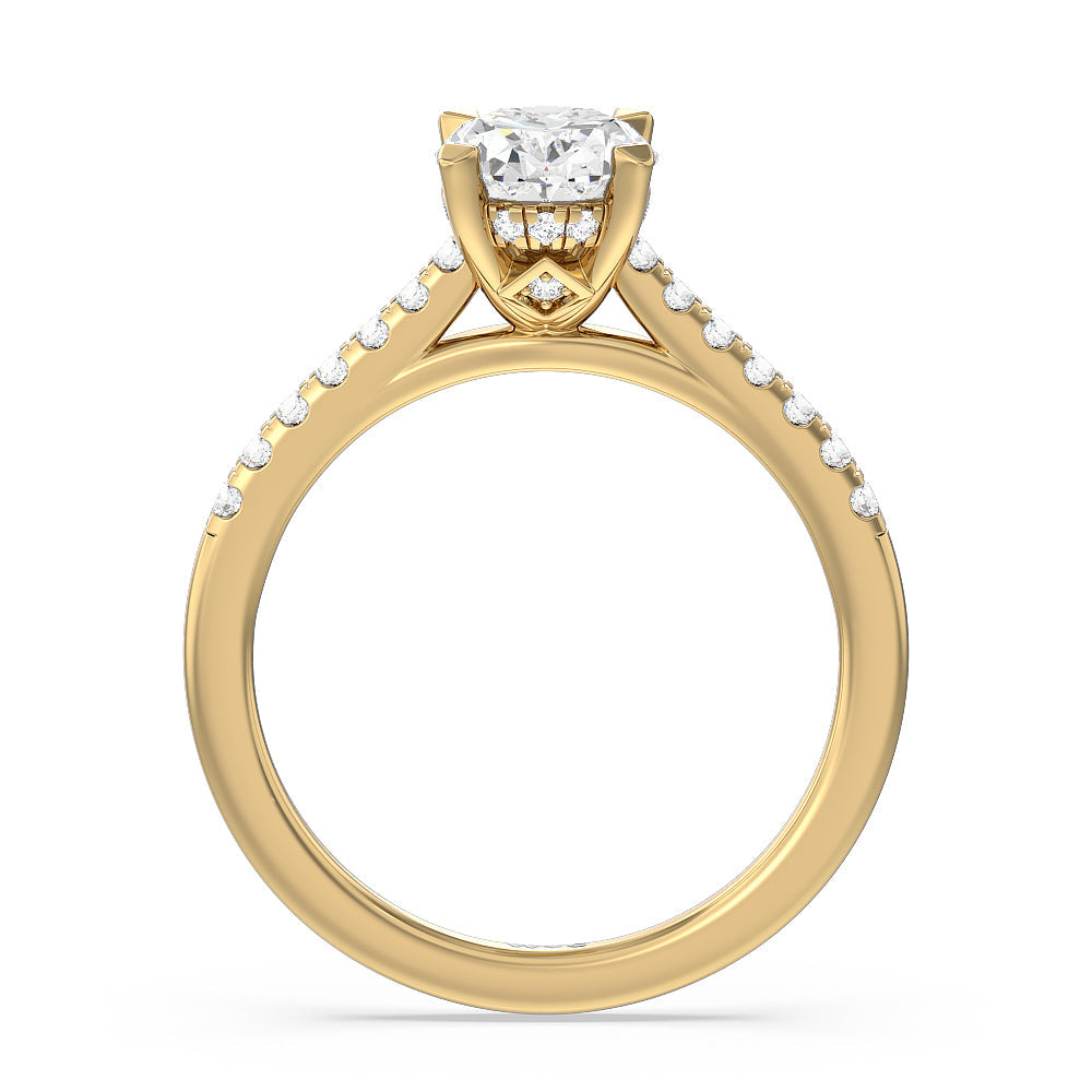 Cathedral Diamond Pave Hidden Halo Engagement Ring with Oval Cut Diamond in 14KT Yellow Gold view 2
