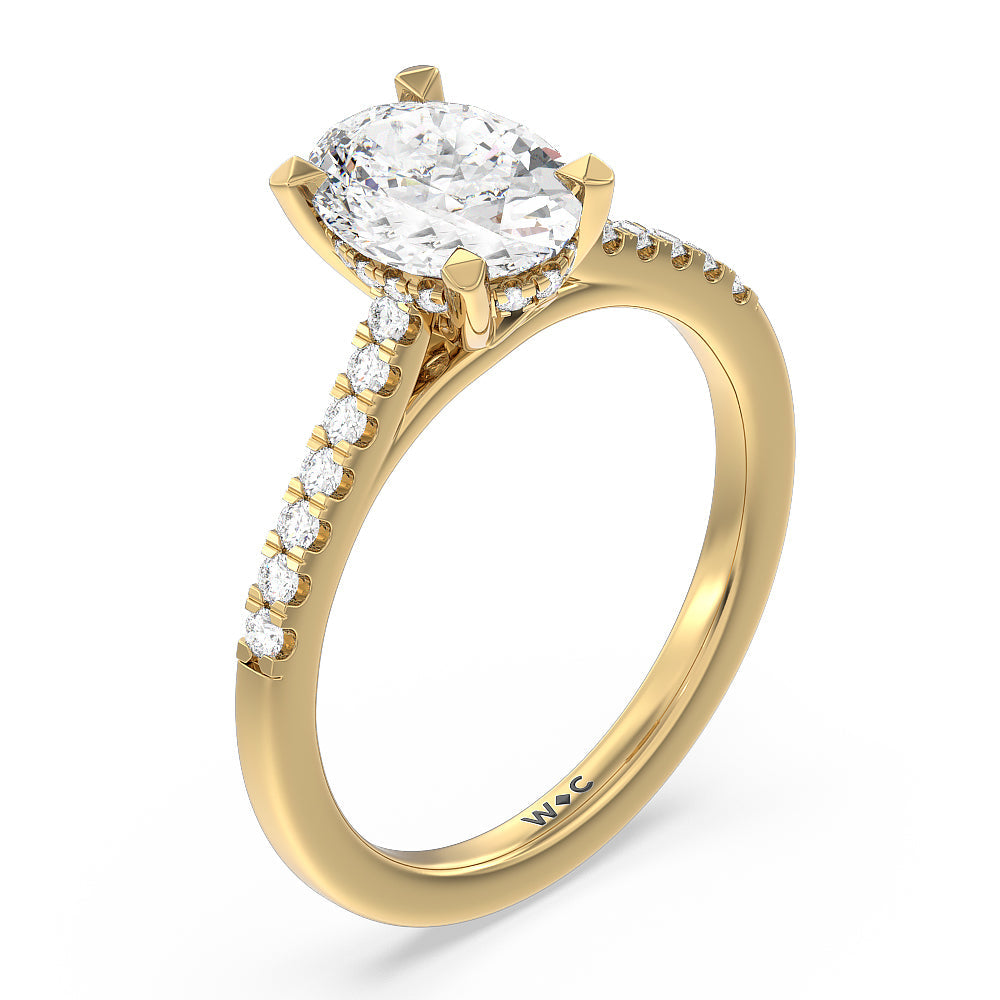 Cathedral Diamond Pave Hidden Halo Engagement Ring with Oval Cut Diamond in 14KT Yellow Gold view 3
