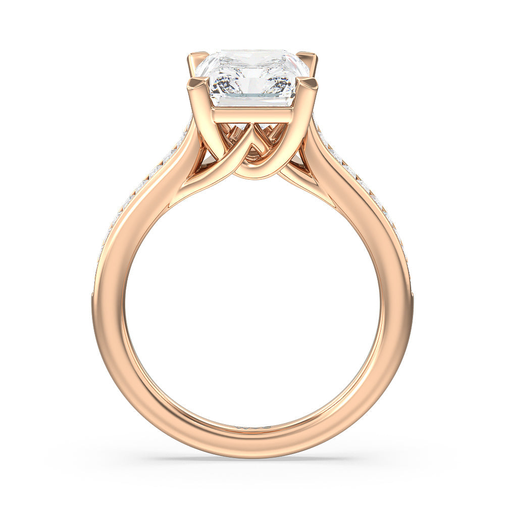 Baguette Studded Cathedral Shank Engagement Ring with Radiant Cut Diamond in 14KT Rose Gold view 2

