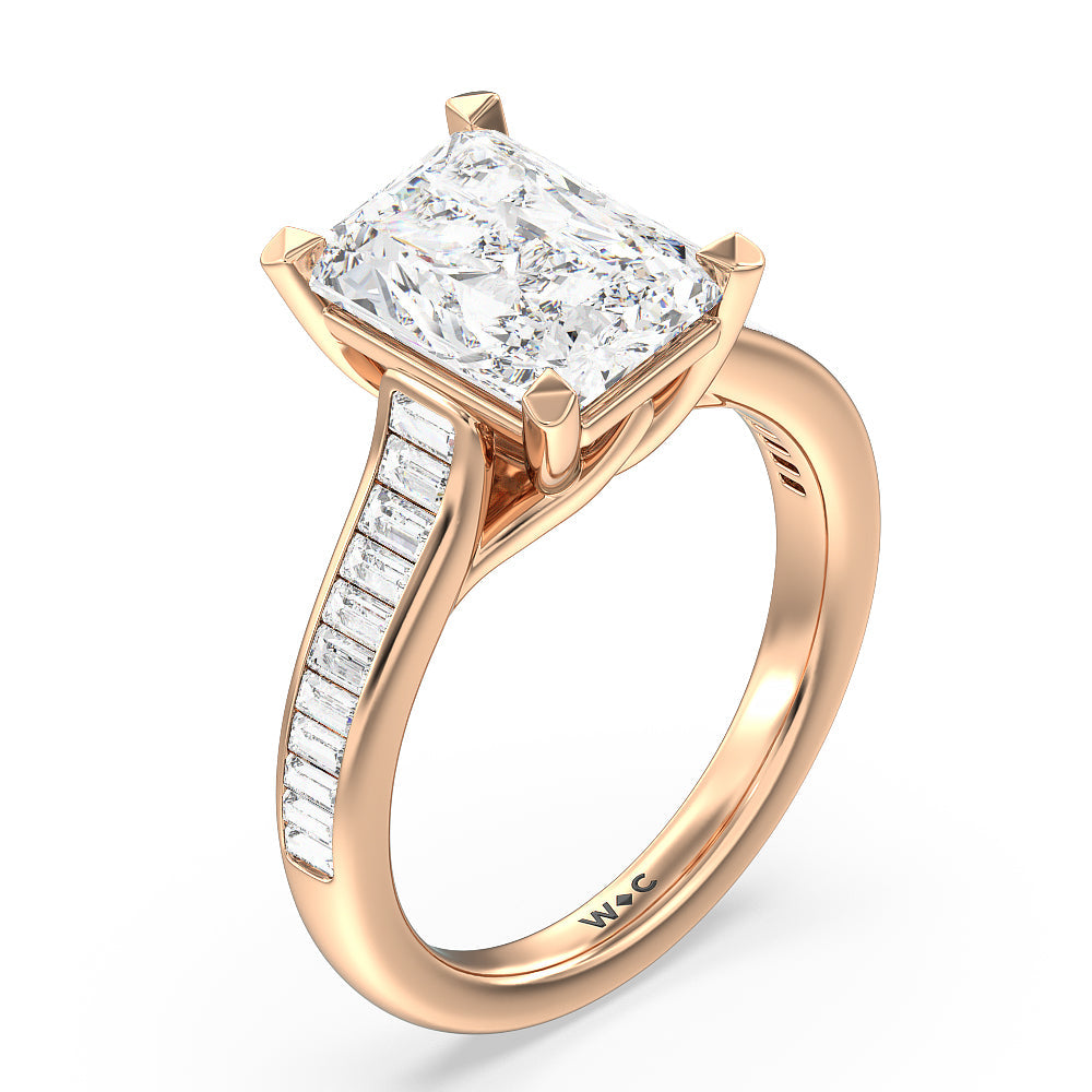 Baguette Studded Cathedral Shank Engagement Ring with Radiant Cut Diamond in 14KT Rose Gold view 3

