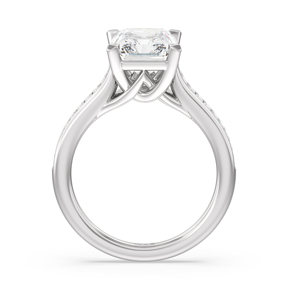 Baguette Studded Cathedral Shank Engagement Ring with Radiant Cut Diamond in 14KT Platinum view 2
