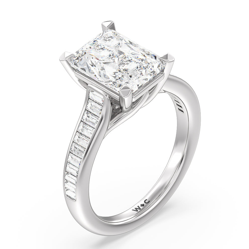 Baguette Studded Cathedral Shank Engagement Ring with Radiant Cut Diamond in 14KT Platinum view 3
