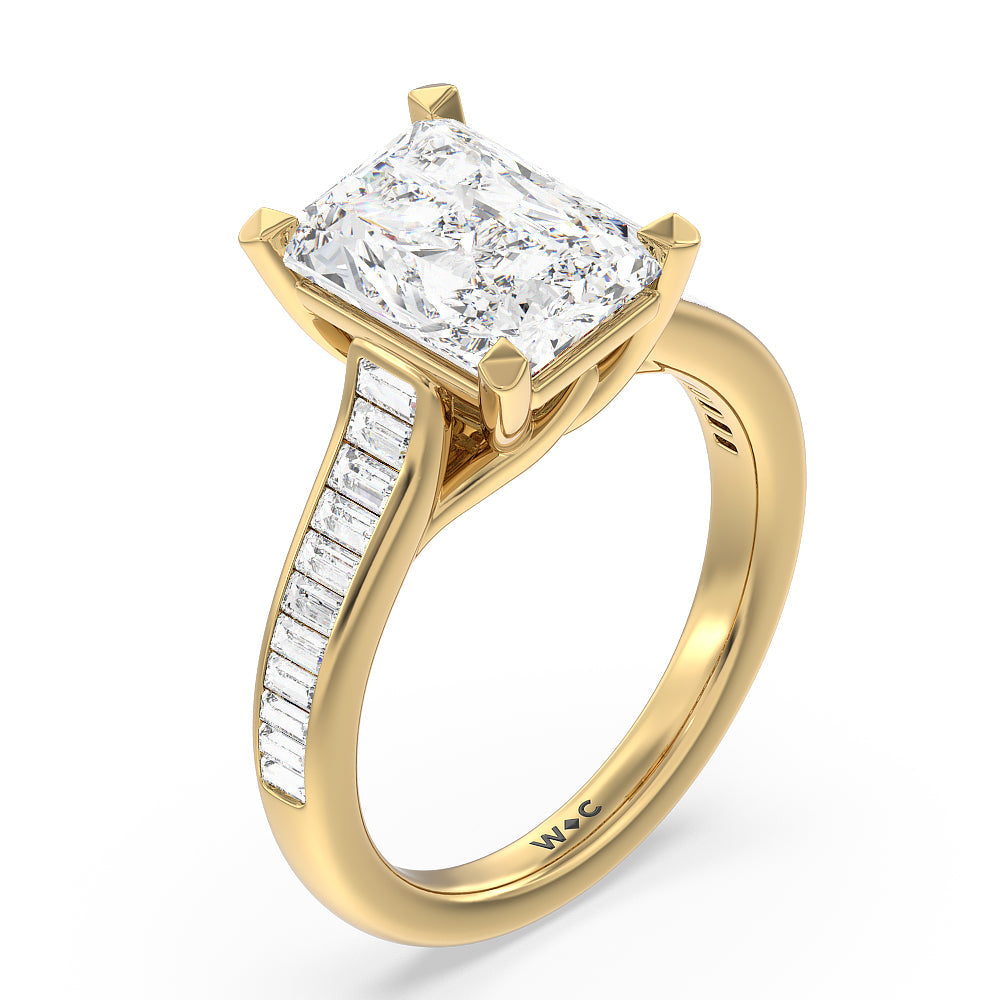Baguette Studded Cathedral Shank Engagement Ring with Radiant Cut Diamond in 14KT Yellow Gold view 3
